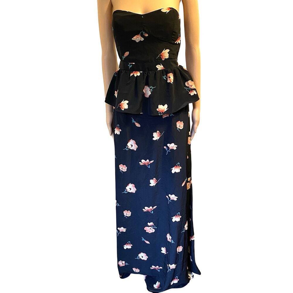 VTG Y2K MM COUTURE MaxiDress S Babydoll Coquette Black Floral Ruffle Strapless